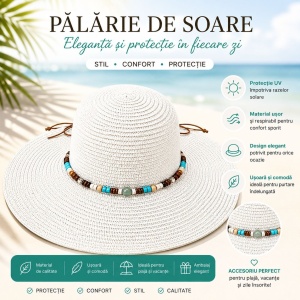 Palarie de Soare Alba Eleganta cu Accesorii Colorate pentru Plaja si Vacante - Img 2