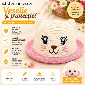 Palarie de soare copii cu pisicuta roz, crosetata manual, crem-roz - Img 2