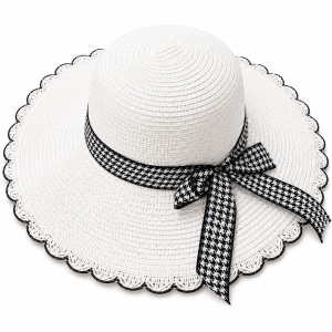 Palarie de Soare pentru Femei Alba cu Fundita Neagra Eleganta – Model Chic de Vara