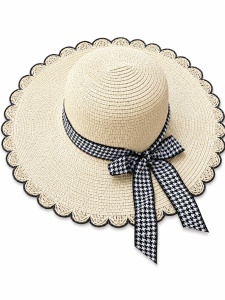 Palarie de Soare pentru Femei Crem cu Fundita Negru-Alb Eleganta – Model Chic de Vara