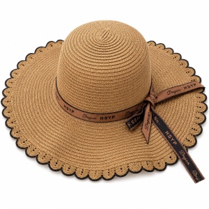 Palarie de Soare pentru Femei, Maro cu Fundita Eleganta, Boruri Ondulate, Stil Chic de Vara