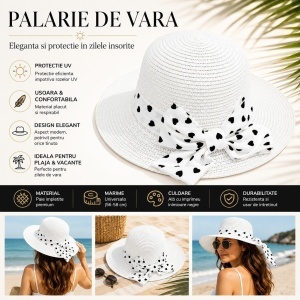 Palarie de Vara Alba cu Fundita si Model Inimioare Negre pentru Plaja si Vacanta - Img 2