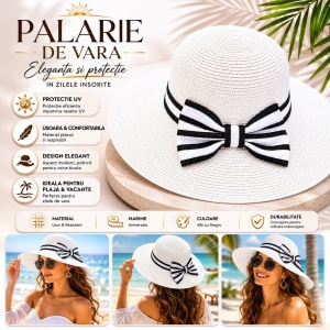 Palarie de vara dama alba cu funda eleganta in contrast pentru plaja si protectie UV - Img 2