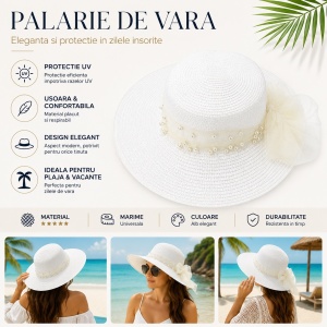 Palarie de vara dama alba eleganta cu perle decorative si funda pentru plaja si vacanta - Img 2