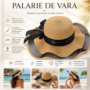 Palarie de Vara Eleganta pentru Femei, Bej cu Panglica Neagra si Bor Ondulat - Img 2