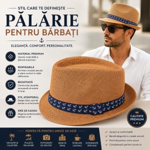 Pălărie Panama Maro pentru Bărbați cu Model Ancoră – Elegantă, Respirabilă și Modernă - Img 2