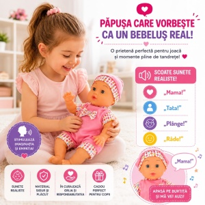 Păpușă Bebeluș Interactivă 27 cm cu Sunete, Vorbește „Mama” și „Tata”, Râde, Jucărie pentru Copii - Img 3