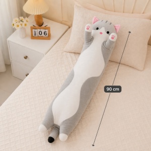 Pisică de pluș gri 90 cm – pernă lungă moale, jucărie XXL pentru copii și decor - Img 2