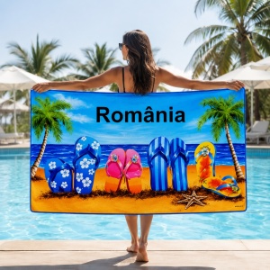 Prosop de plaja cu palmieri si papuci colorati, 70x140 cm - Img 2