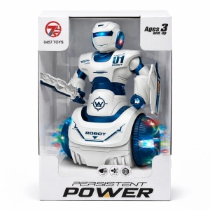 Robot interactiv cu lumini si sunete, miscare pe roti, alb cu albastru/rosu