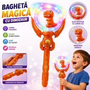 Baghetă magică cu lumini, Dinozaur portocaliu, 38 cm – jucărie copii cu efecte luminoase - Img 2
