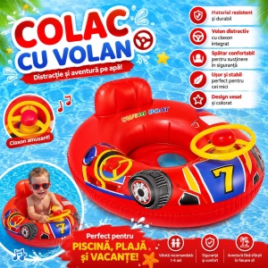 Colac Gonflabil pentru Copii cu Volan și Claxon – Model Mașină de Curse Roșie, cu Spătar, 1-4 Ani - Img 2
