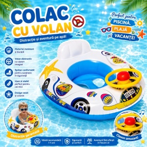 Colac Gonflabil pentru Copii cu Volan și Claxon – Model Mașinuță, Spătar Confortabil, 1-4 Ani - Img 2