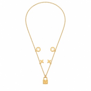 Colier ROXE Golden Lock Elegance – lanț dublu cu simboluri și pandantiv lacăt, design premium, 45 cm