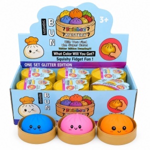 Jucărie Antistres Squishy Dumpling Rainbow Mystery, culori Neon 8 cm – Figurine Moi Surpriză, Model Aleatoriu, 3+ Ani