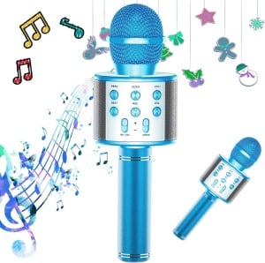 Microfon karaoke wireless cu boxa Bluetooth, lumini LED si efecte vocale, albastru - Img 2