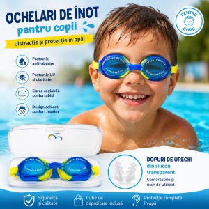 Ochelari de inot pentru copii albastru-galben, reglabili, cu dopuri urechi silicon - Img 2