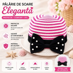 Palarie de soare eleganta pentru fetite, model roz-alb cu funda neagra si perlute - Img 2