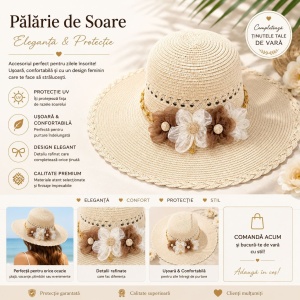 Palarie de Soare pentru Femei, Crem, cu Floricele Decorative - Img 2