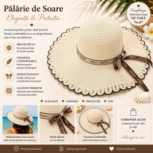 Palarie de Soare pentru Femei, Crem cu Fundita Maro, Boruri Ondulate, Design Elegant de Vara - Img 2