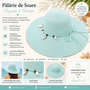 Palarie de Soare pentru Femei, Turcoaz, cu Scoici si Fundita, Boruri Largi, Eleganta pentru Vara - Img 2