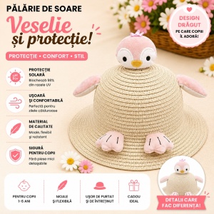 Palarie de Vara Crem pentru Copii, cu Design Pinguin Roz si Protectie UV - Img 2