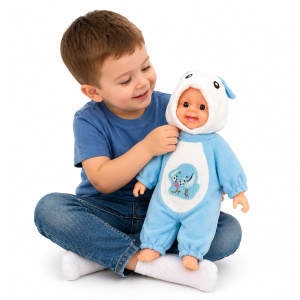 Papusa bebelus 35cm care rade, costum albastru cu gluga, jucarie copii - Img 2
