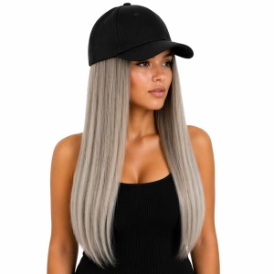 Peruca lunga 50 cm cu sapca neagra, par gri deschis drept - Img 2