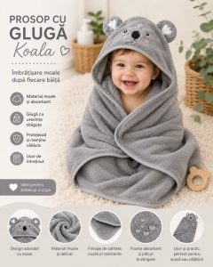 Prosop cu Glugă pentru Copii și Bebeluși Gri – Model Koala, Moale și Absorbant - Img 2