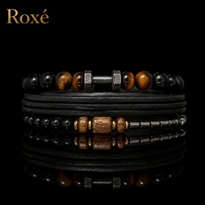 Set format din 3 bratari reglabile barbati margele negre si maro design modern Roxe - Img 2