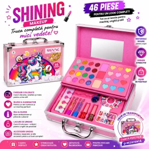 Trusă de Machiaj pentru Fetițe în Casetă cu Oglindă – Set Cosmetic 46 Piese, Farduri, Rujuri - Img 2