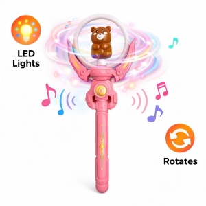 Bagheta magica interactiva pentru copii cu lumini si sunete, rotire, model ursulet, roz, 36 cm - Img 2