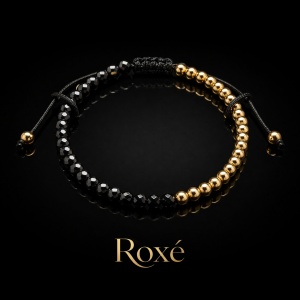 Bratara reglabila barbati Roxe margele negre fatetate aurii design elegant - Img 2
