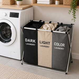 Cos de rufe pliabil cu 3 compartimente pentru sortare haine Dark Light Color - Img 3