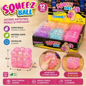 Jucărie Antistres Cub Squishy Bubble cu Sclipici, 4x4x4 cm, Moale și Elastică, Culori Asortate - Img 2