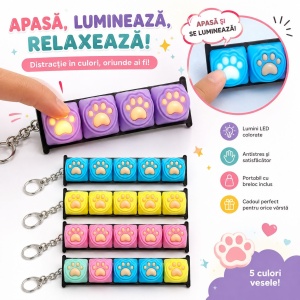 Jucărie Antistres Tastatură Fidget cu Lumini LED și Breloc – Pop It Senzorial Portabil, Model Lăbuță - Img 3