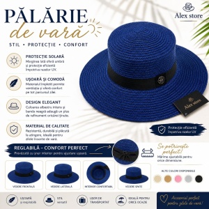 Pălărie Damă de Vară Albastru Regal cu Bandă Neagră – Bor Lat, Reglabilă, Protecție UV - Img 2