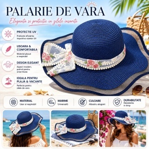 Palarie de Vara Albastru Navy pentru Femei cu Fundita Florala si Bor Ondulat - Img 2