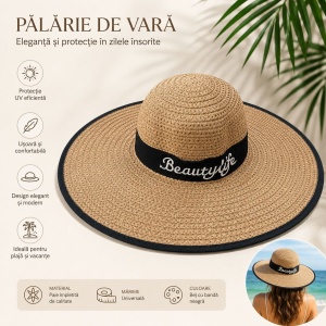 Palarie de vara dama bej cu banda neagra si protectie UV pentru plaja - Img 2