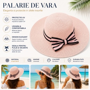 Palarie de vara dama roz cu funda eleganta pentru plaja, vacanta si protectie solara - Img 2