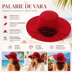 Palarie de Vara Eleganta pentru Femei, Rosie, cu Bor Lat si Detalii Florale - Img 2