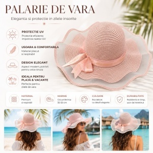 Palarie de Vara Eleganta pentru Femei, Roz Pudrat cu Bor Ondulat si Fundita - Img 2