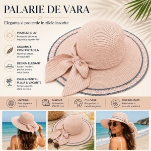 Palarie de Vara Roz Pudrat pentru Femei, cu Bor Lat si Fundita Eleganta, Protectie UV - Img 2