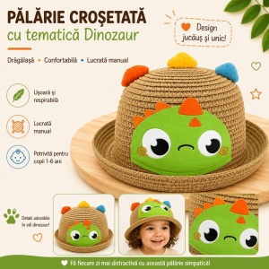 Palarie maro copii cu dinozaur verde, crosetata manual, bumbac - Img 2