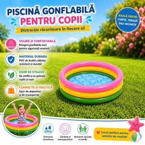 Piscină Gonflabilă pentru Copii 68 cm – Piscină Inflabilă Rotundă Multicoloră, PVC Rezistent - Img 2