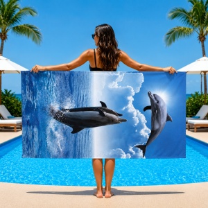 Prosop de Plajă cu Delfini și Peisaj Marin 70x140 cm – Microfibră Premium cu Uscare Rapidă - Img 2