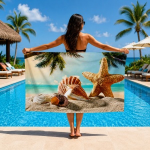 Prosop de plaja cu scoici si stea de mare Tropical Beach, 70x140 cm - Img 2