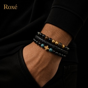 Set format din 3 bratari reglabile barbati cu cruce aurie si margele negre Roxe - Img 3