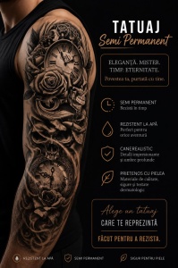 Tatuaj Semipermanent cu Cranii, Ceasuri Vintage și Trandafiri – 45 cm - Img 2
