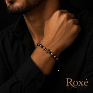 Bratara reglabila Roxe barbati negru si auriu cu cruce design elegant premium - Img 3